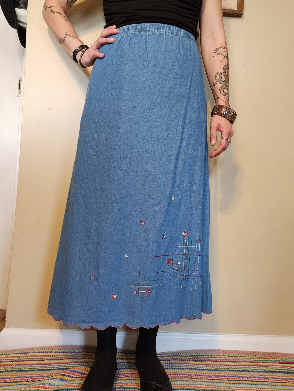 Vintage 1990s Koret City Blues Embroidered Denim Maxi Skirt